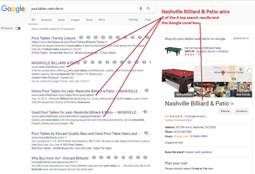 Nashville Billiard and Patio SEO Search Engine Optimization Page Authority 